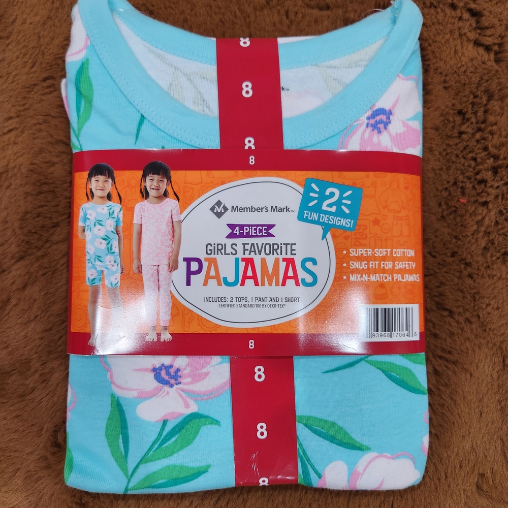 🆕️ 💜 Girls' (8), 4 Pcs Set, Floral Pajamas - Blue Floral & Pink Floral